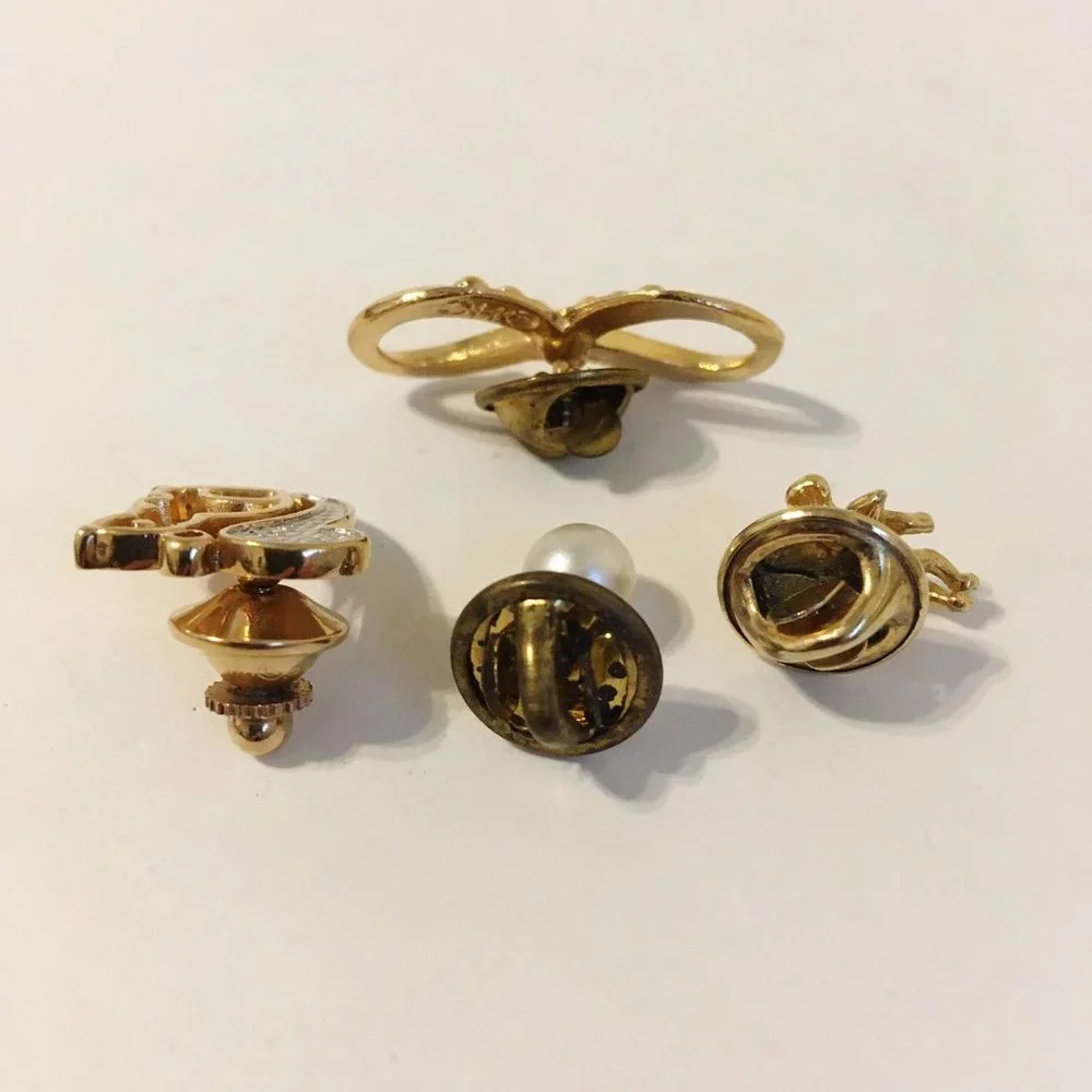 Lapel Pins Lot of 4 Pearl Rhinestone Tie Tack Gold Silver Bow Cherub Squirrel